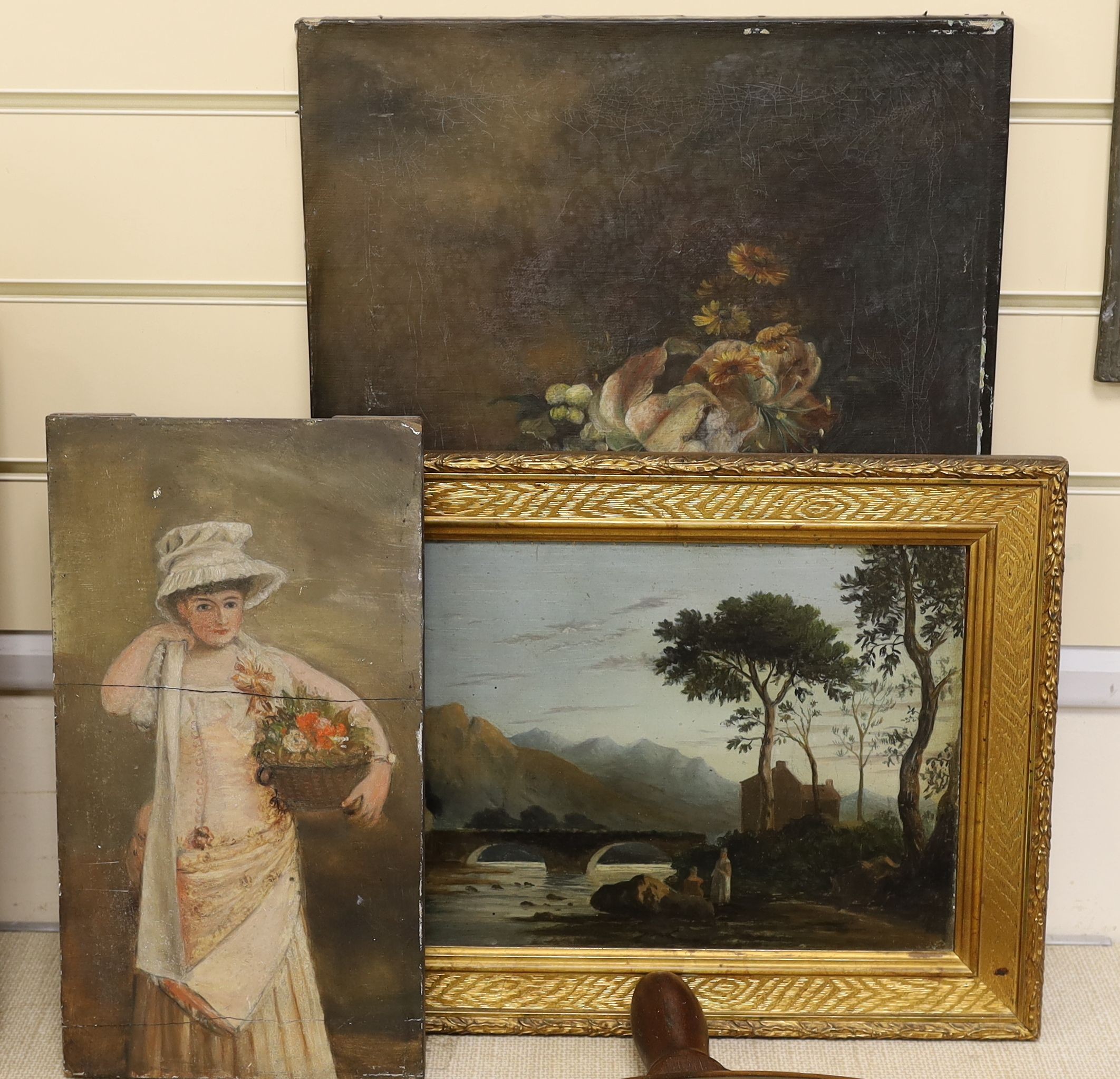 19th century English School, oil on panel, River landscape with figures near a stone bridge, 22 x 35c, an unframed oil still life of flowers and unframed oil on panel of a flower girl